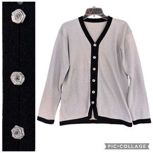 Metallic Shiny Silver Gray Cardigan Roses Buttons Black Trim Women V Neck Formal